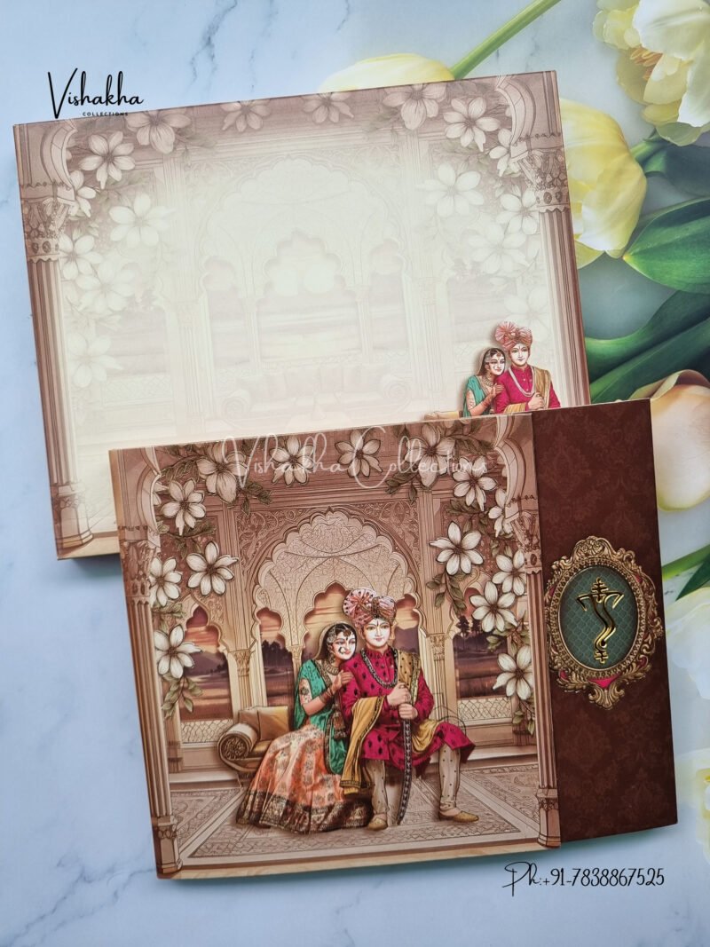 Indian dulha dulhan with Royal pattern Double door Wedding Invitation Card