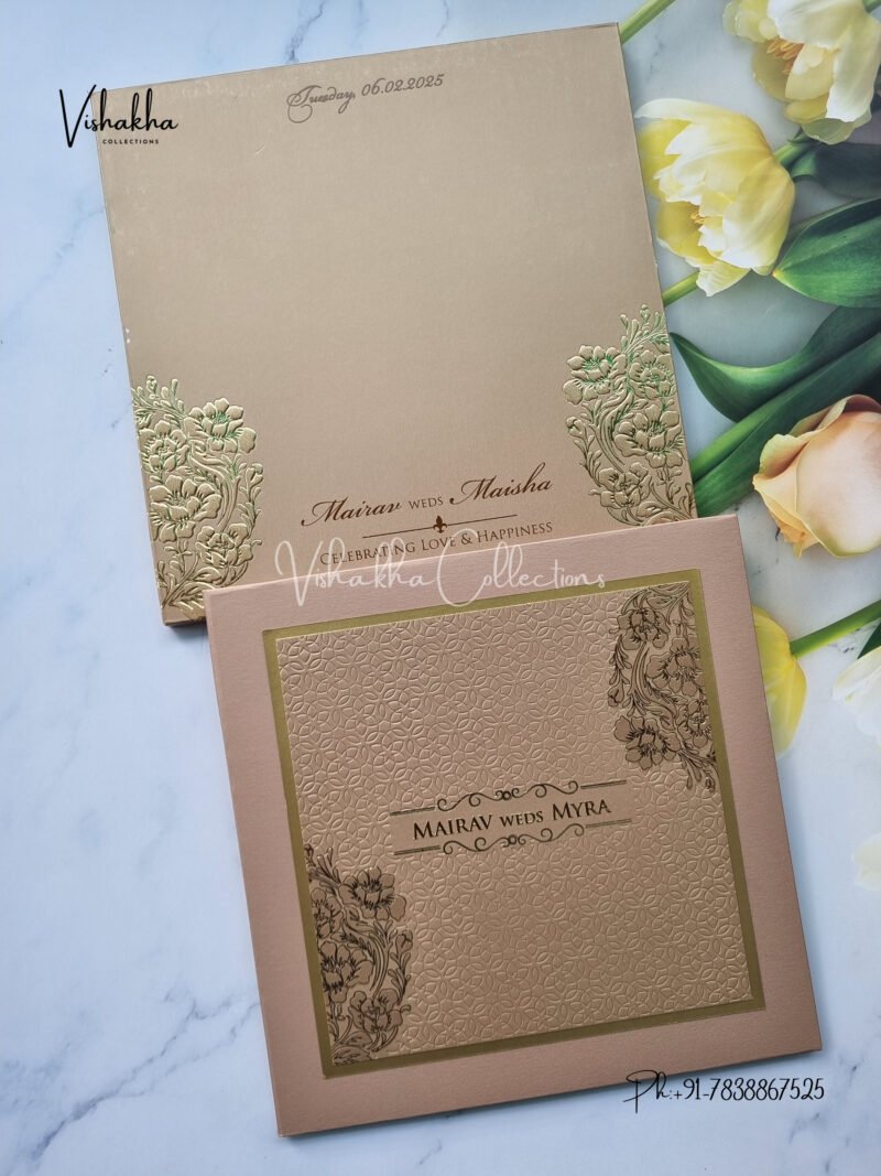 Light Brown and gold padded with name plate Wedding Invitation Card SK-3271