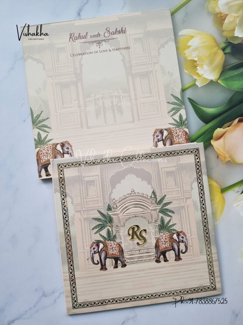 Light Brown traditional elephant padded with name initials Wedding Invitation Card SK-3395