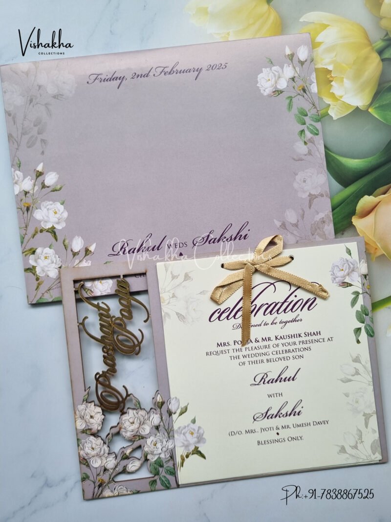 Light Purple with White flowers MDF with laser cut names Wedding Invitation Card SK-3286