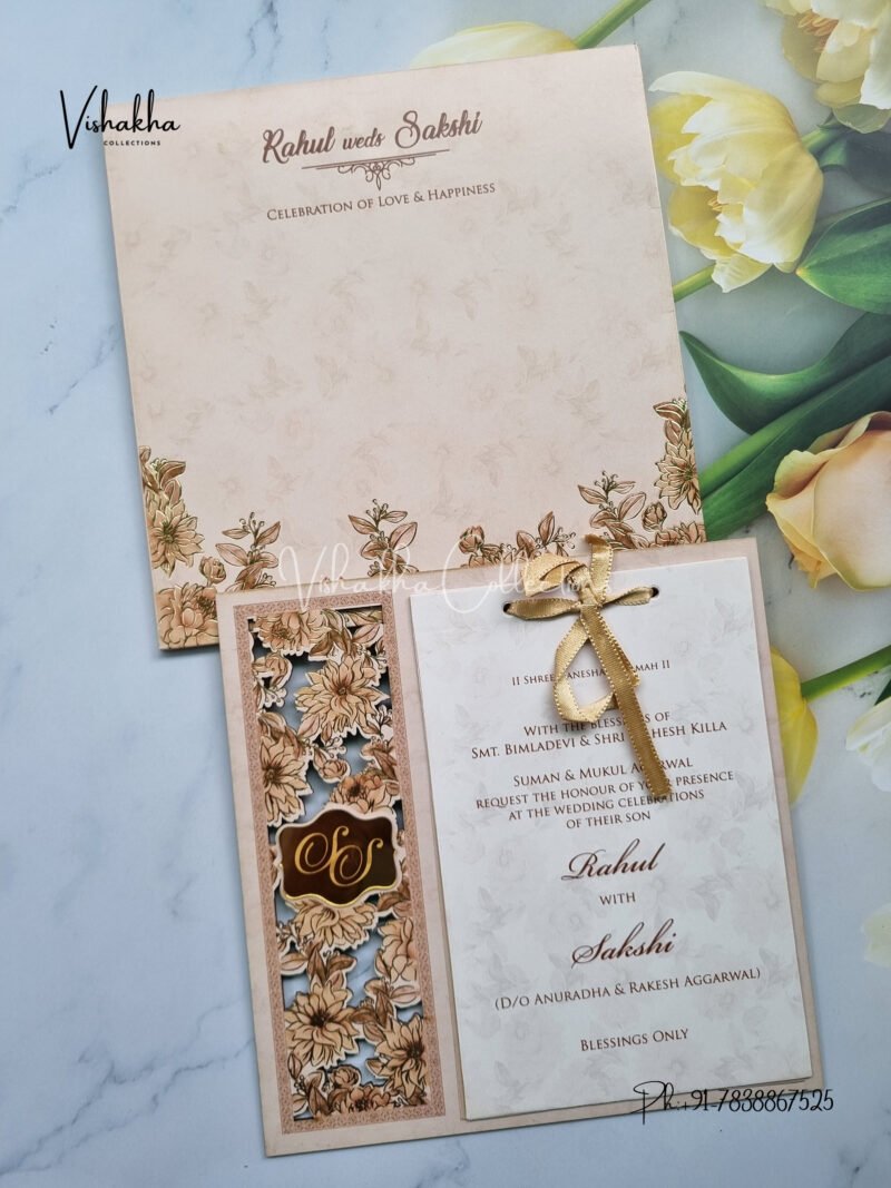 Light brown Floral MDF with acrylic name plate Wedding Invitation Card SK-3291