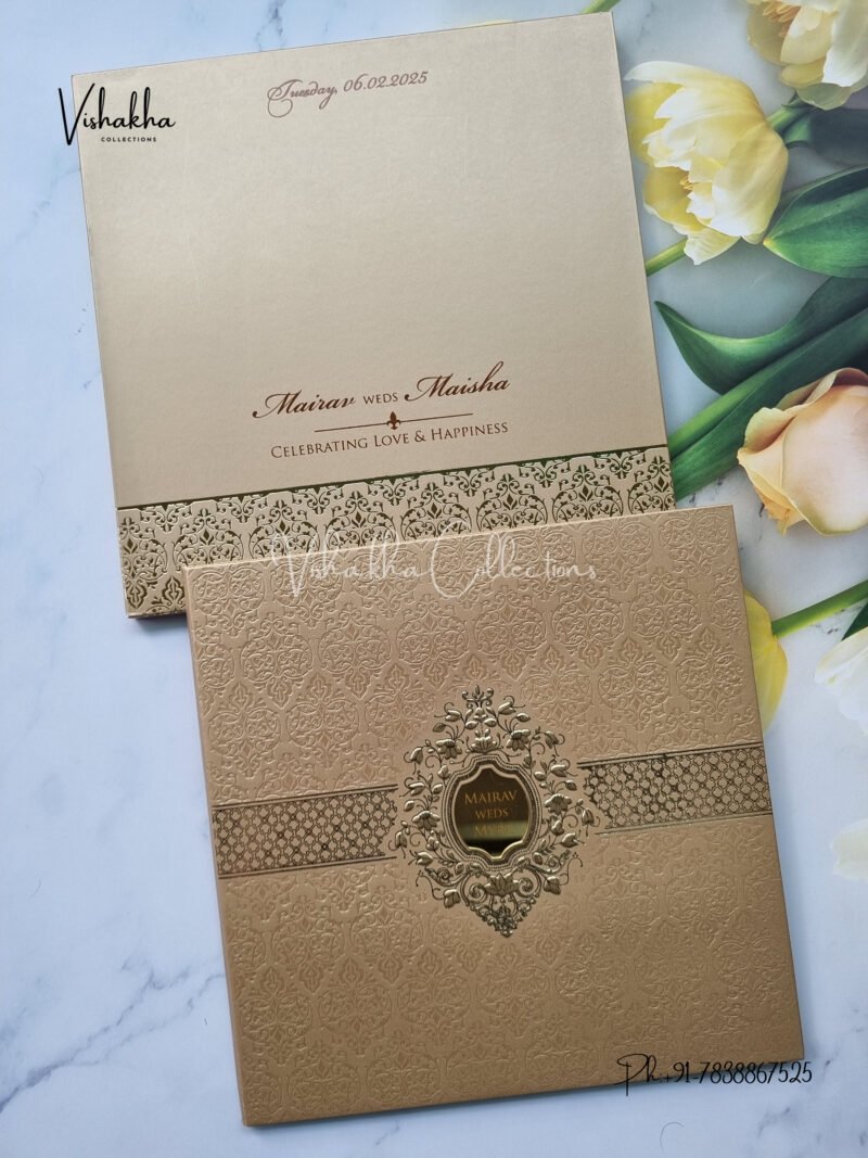 Light brown and gold padded with name plate Wedding Invitation Card SK-3445