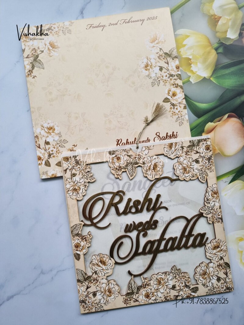 Light brown with White flowers MDF with laser cut names Wedding Invitation Card SK-3293