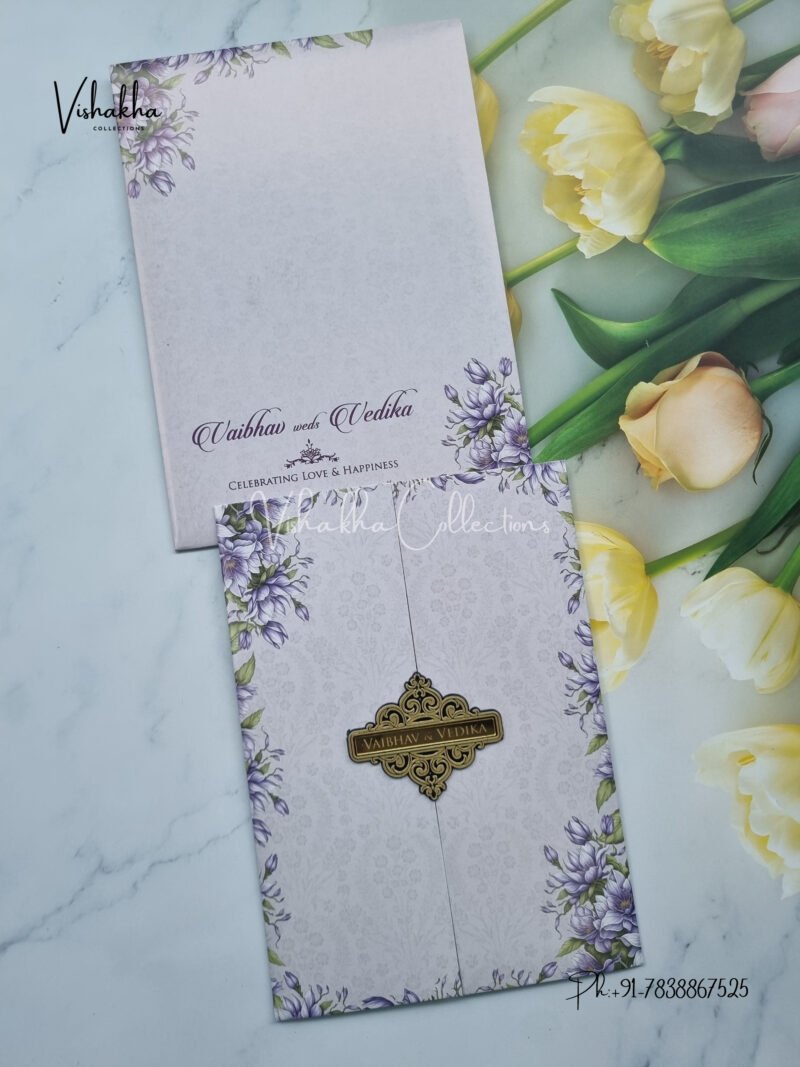 Lilac floral double door with name plate Wedding Invitation Card SK-3411