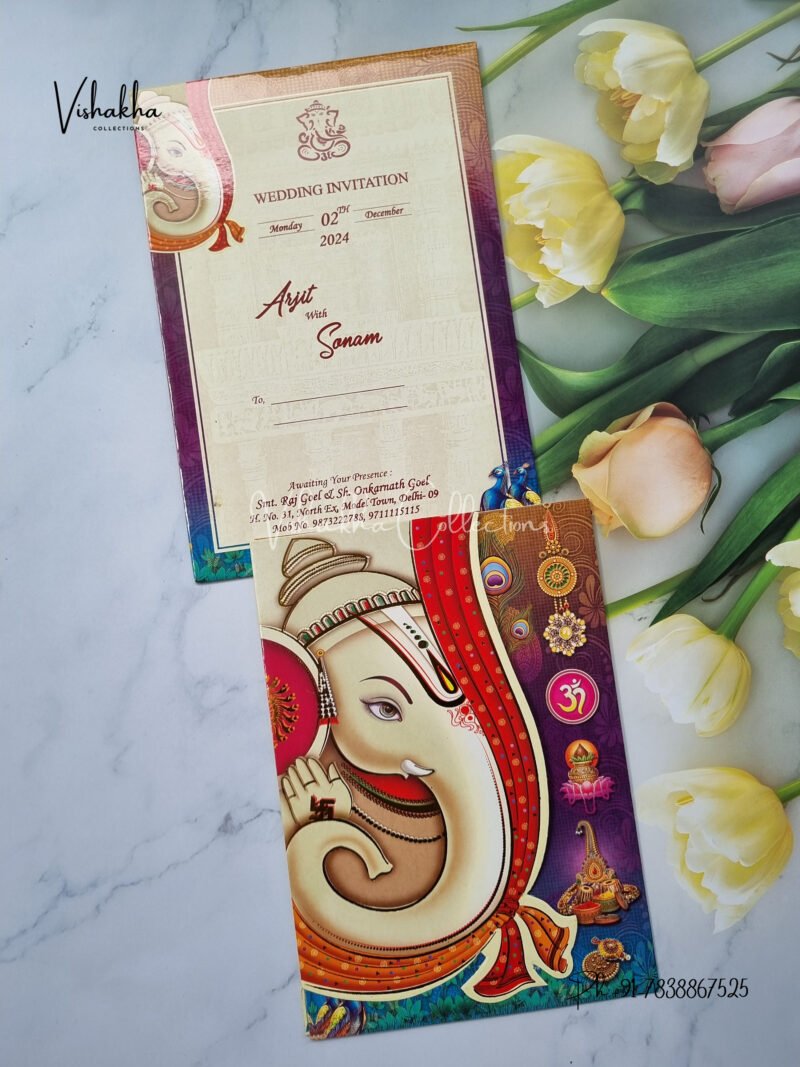 Multi Colour Radha Krishan With Ganpati in Three Fold Style Traditional Wedding Invitation Card