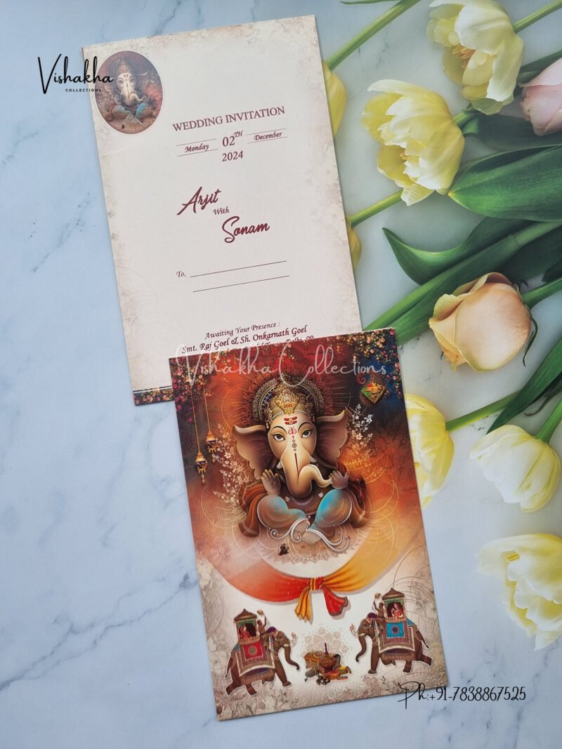 Multicoloured Traditional Ganesh with Elephant themed Wedding Invitation Card