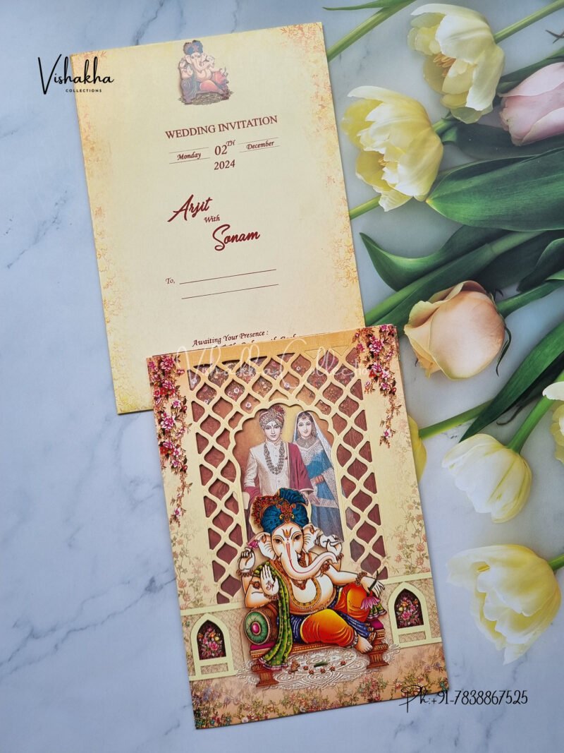 Multicoloured Traditional dulha Dulhan with Ganesh and Morrocan Laser Cut Cage PAttern Wedding Invitation Card