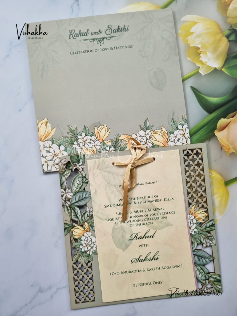 Olive green with White flowers MDF Wedding Invitation Card SK-3126