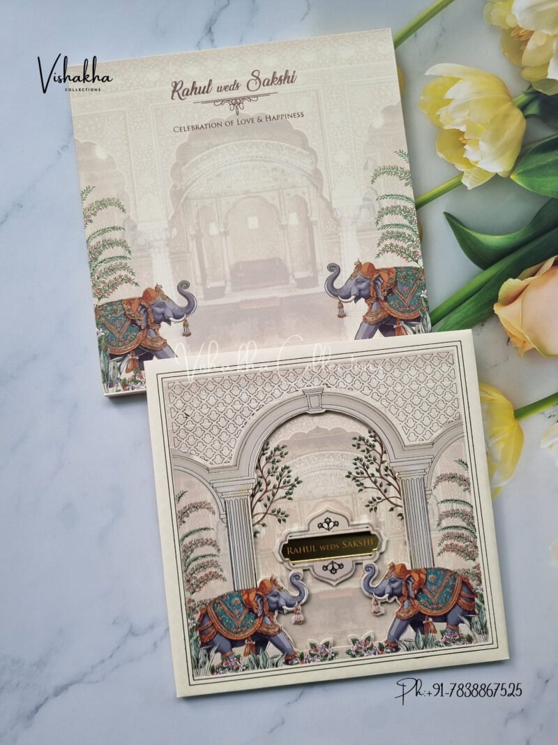 Pale yellow traditional elephant padded 3D with name plate Wedding Invitation Card SK-3390