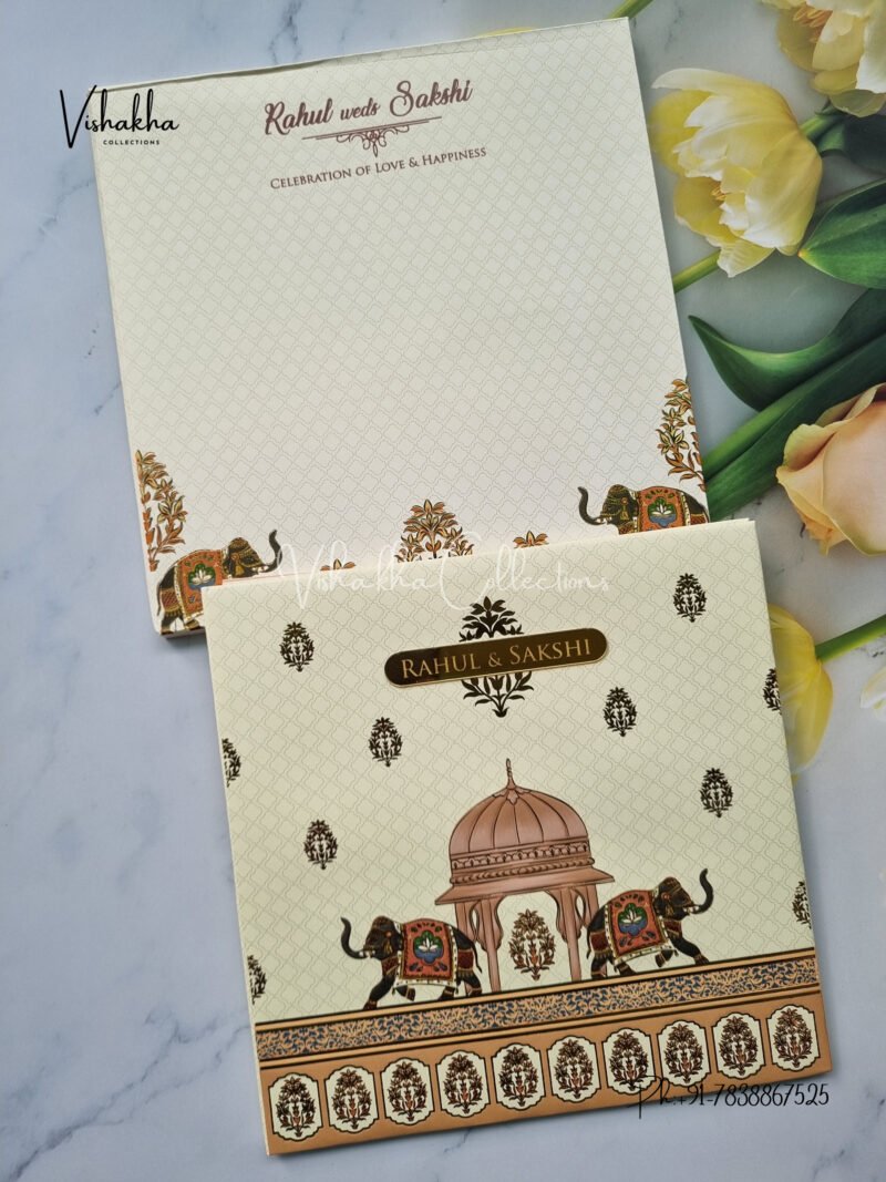 Pale yellow traditional elephant padded with name plate Wedding Invitation Card SK-3304