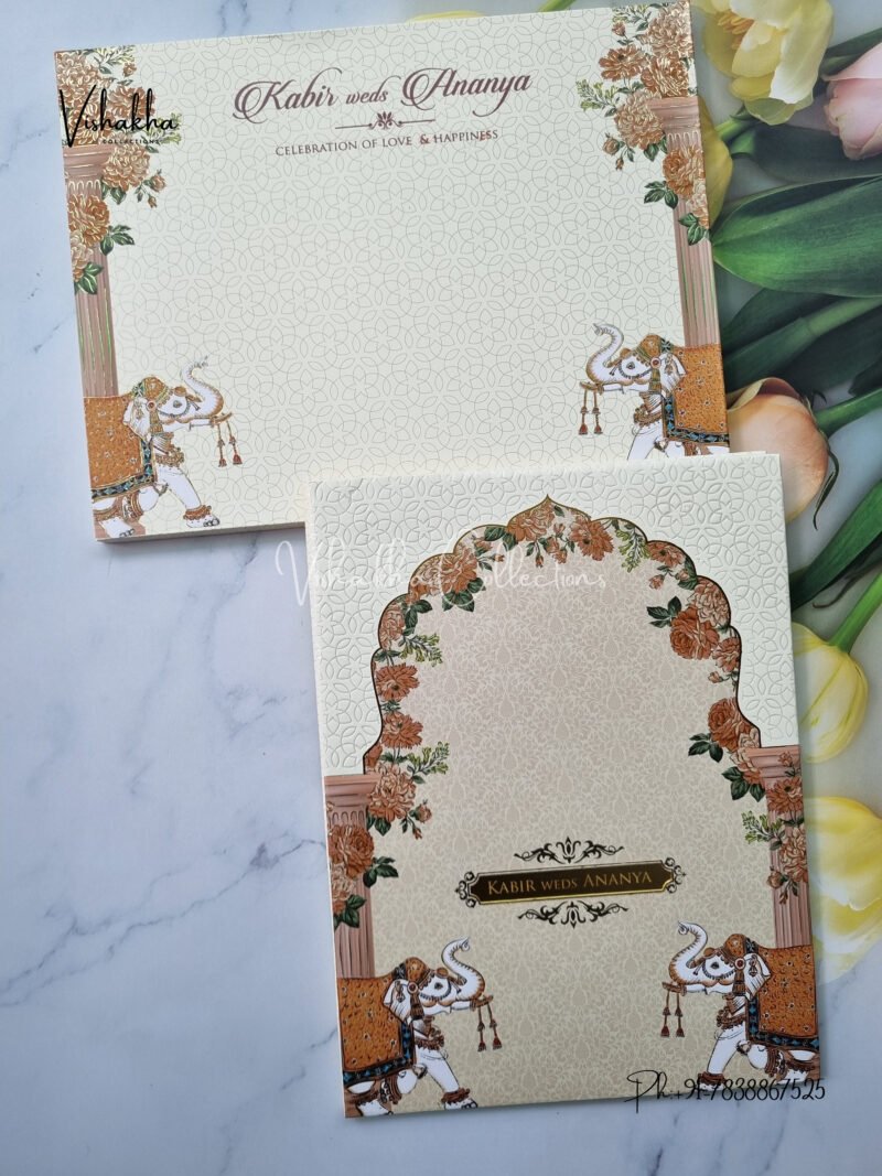 Pale yellow traditional elephant padded with name plate Wedding Invitation Card SK-3385