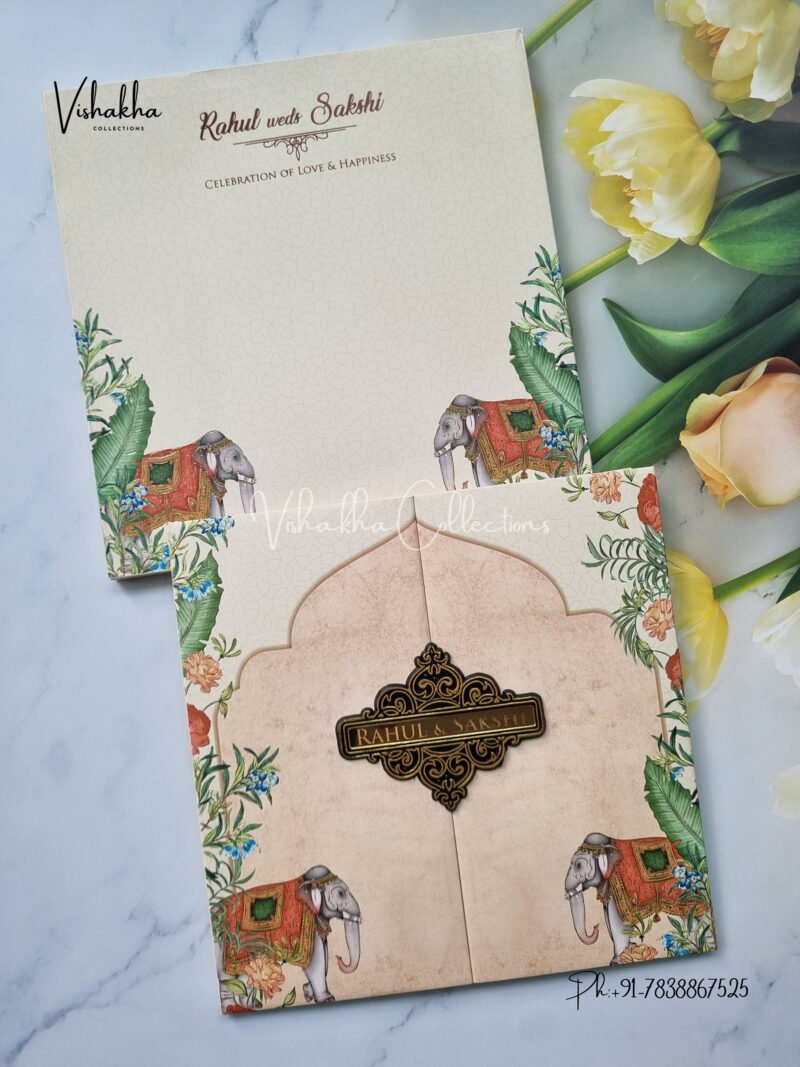 Pale yellow tradtional elephant double door padded with name plate Wedding Invitation Card SK-3397