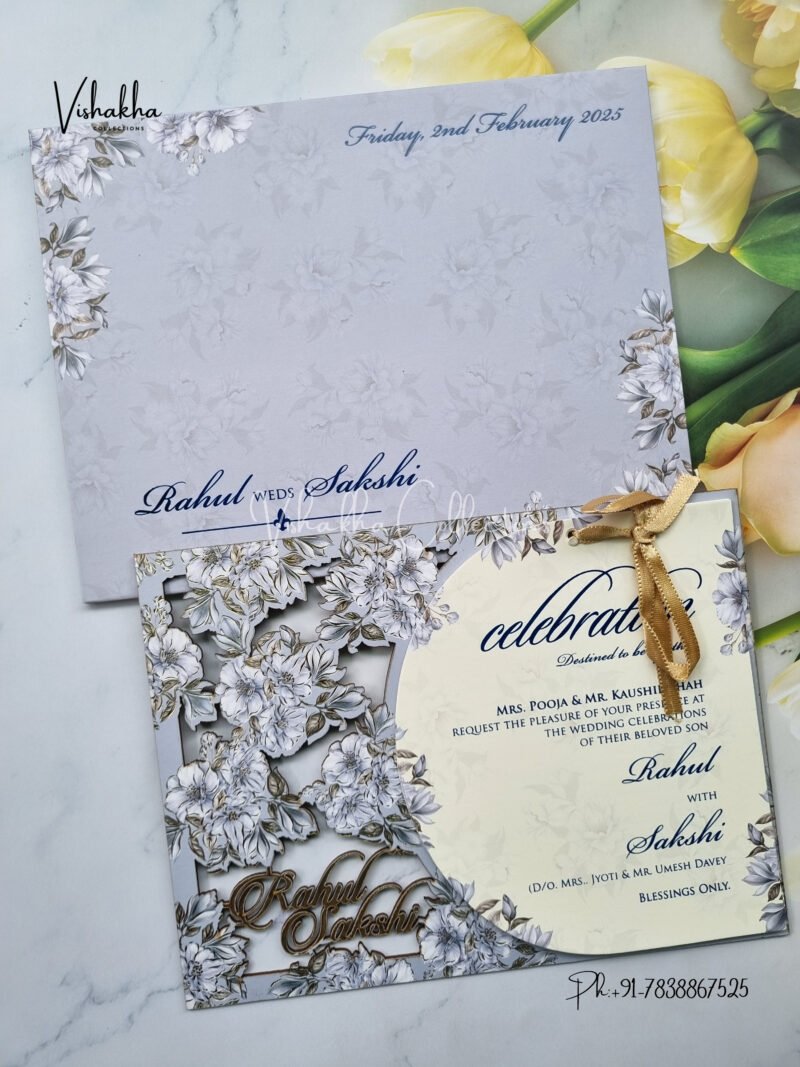 Pastel Blue with White flowers MDF with laser cut names Wedding Invitation Card SK-3366