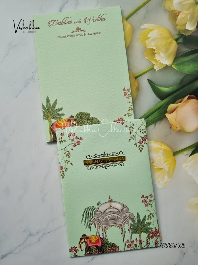 Pastel Green Traditional elephant padded with name plate Wedding Invitation Card SK-3186