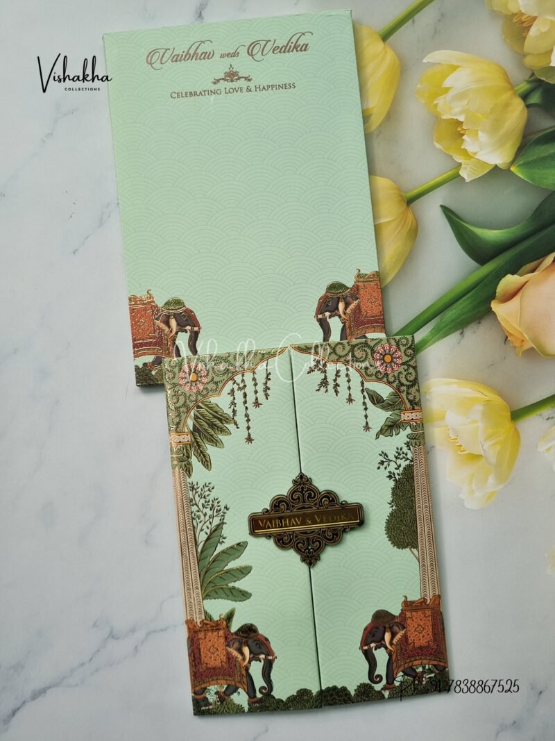 Pastel Green tradtional elephant double door padded with name plate Wedding Invitation Card SK-3299