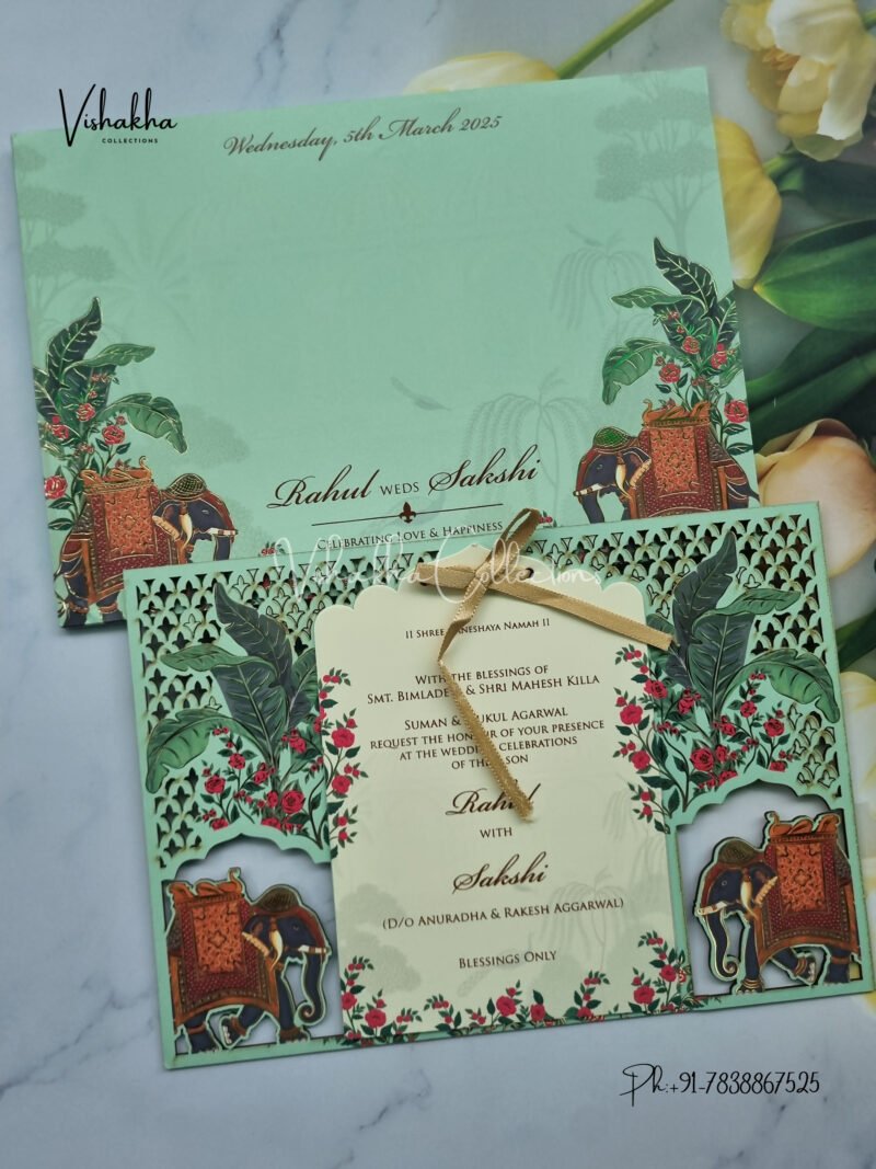 Pastel green Elephant traditional Jaali cut MDF Wedding Invitation Card SK-3358