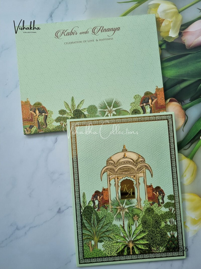 Pastel green Forest theme Elephant padded with name plate Wedding Invitation Card SK-3277