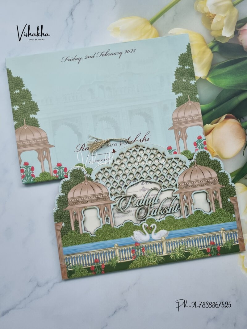 Pastel green Maharaja style MDF with laser cut names Wedding Invitation Card SK-3369