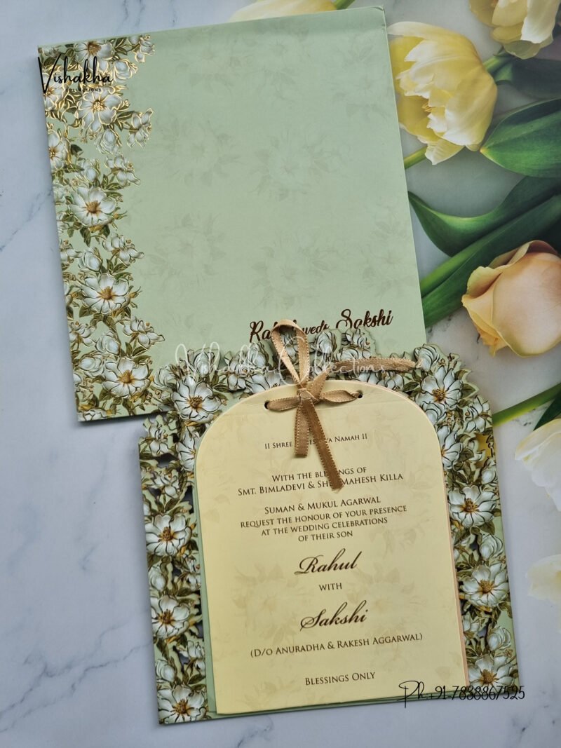 Pastel green with White flowers MDF Wedding Invitation Card SK-3227