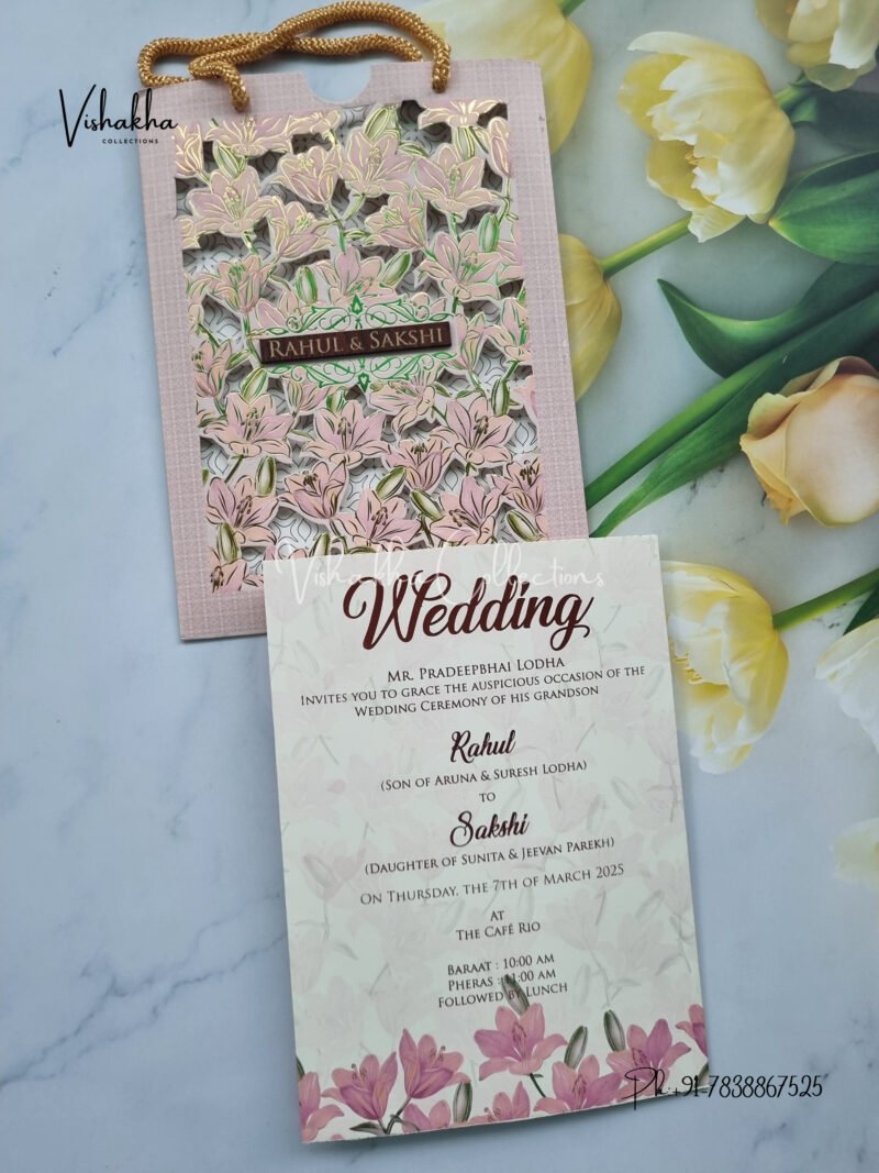 Pastel pink carry bag style three fold floral with name plate Wedding Invitation Card SK-3335