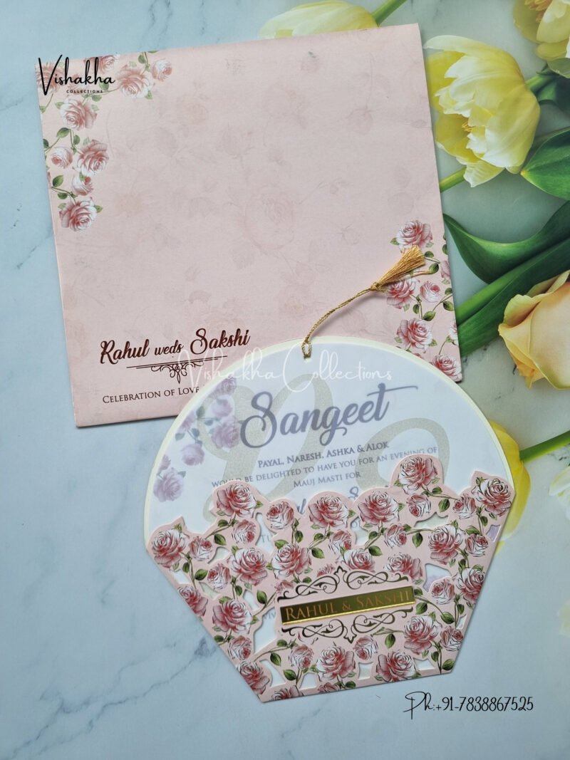 Peach Pink Floral Basket With name plate Wedding Invitation Card SK-3415