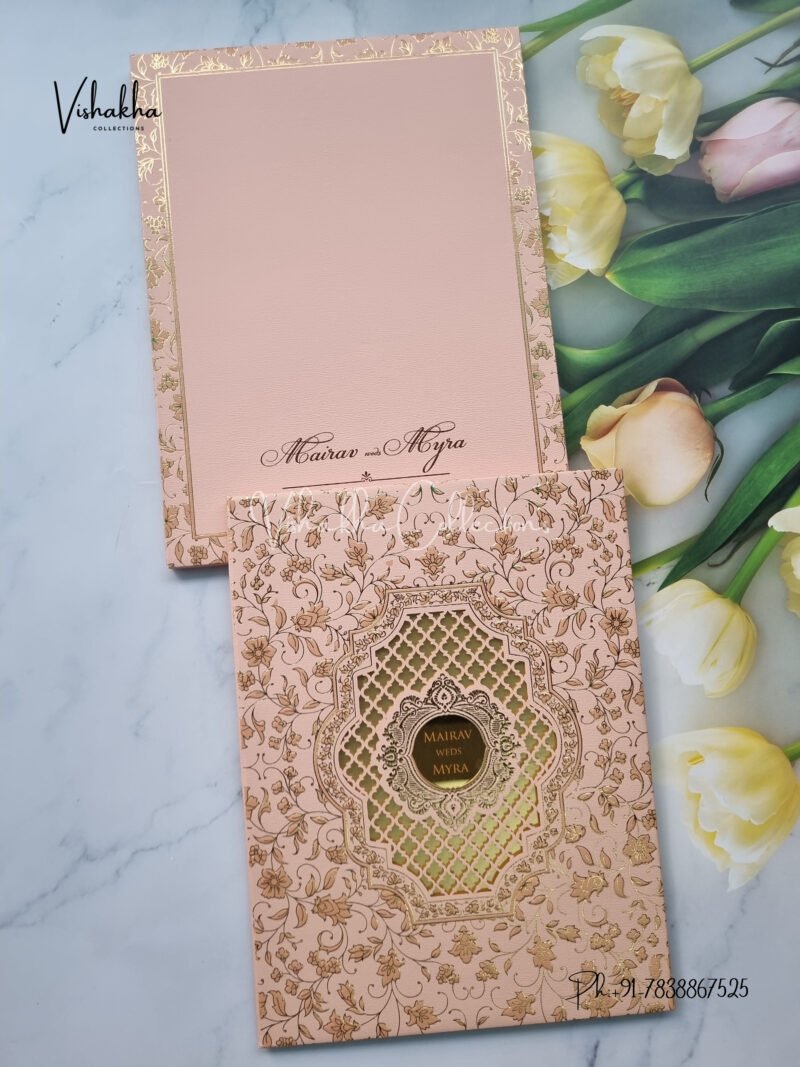 Peach and gold laser cut padded with name plate Wedding Invitation Card SK-3440