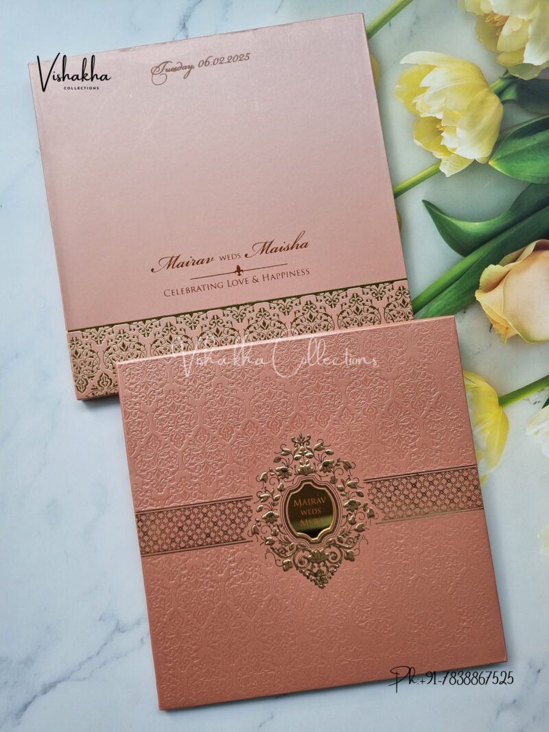 Peach and gold padded with name plate Wedding Invitation Card SK-3444