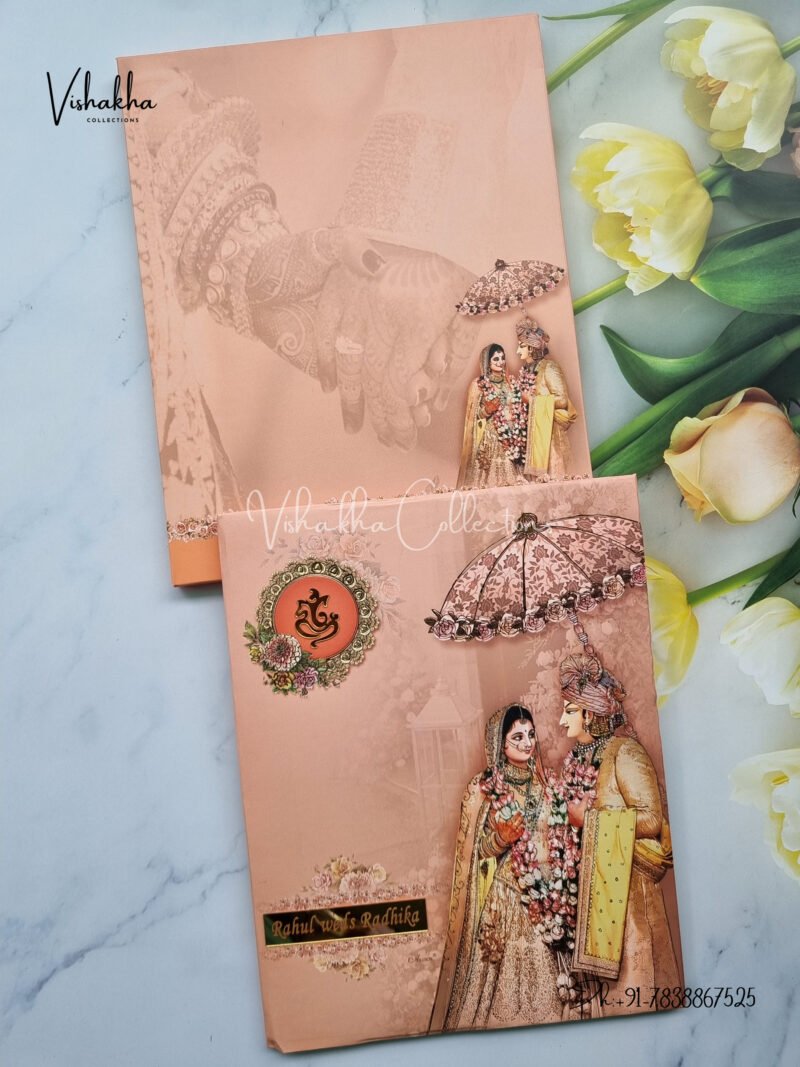 Peach colour floral pattern with Dulha dulhan and acrylic ganesha padded heavy marriage card