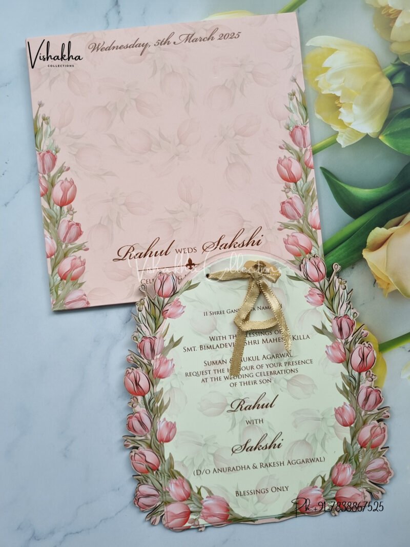 Peach with pink lilies MDF Wedding Invitation Card SK-3355