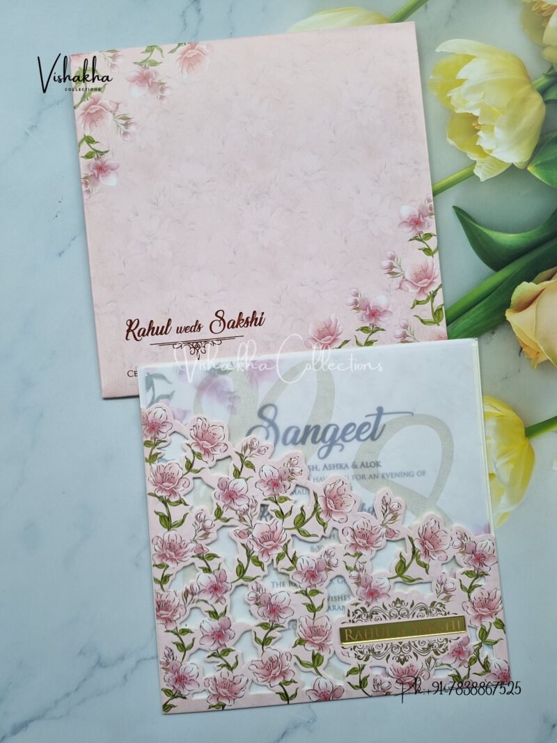 Pink Floral pocket style with name plate Wedding Invitation Card SK-3416