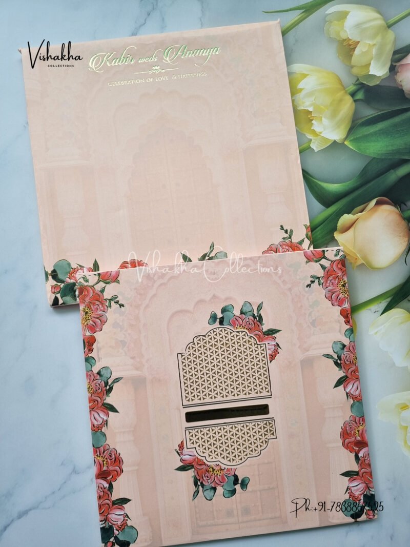 Pink Peach Floral laser cut window padded with name plate Wedding Invitation Card SK-3398