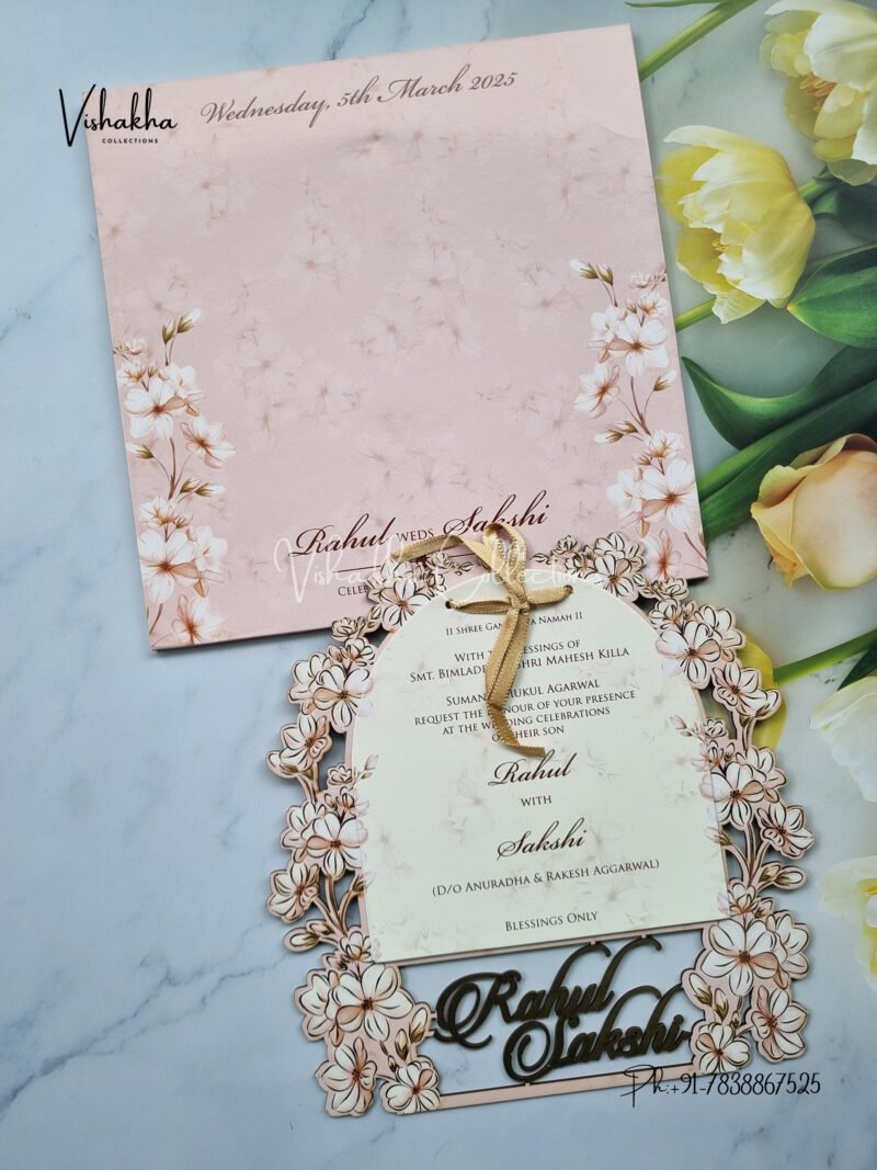 Pink Peach with White flowers MDF with laser cut names Wedding Invitation Card SK-3359