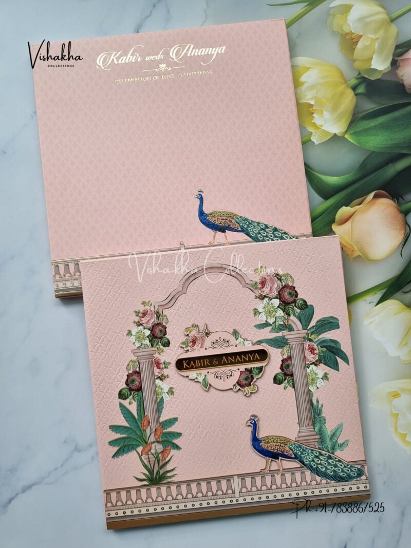 Pink Peacock theme with floral padded MDF cut out with name plate Wedding Invitation Card SK-3401