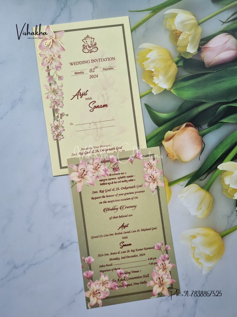 Pink and Pista Green Floral Combination Single Sheet Wedding Invitation Card