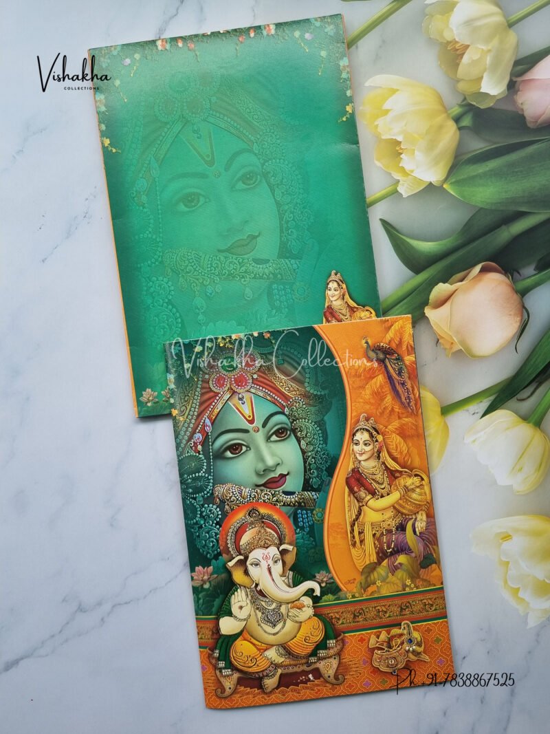 Radha Krishan With Ganesh in Yellow Colour Shadi card