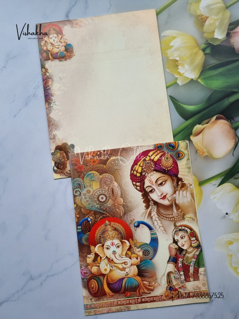 Radha Krishna with Ganpati in Multicolor religioun invitation card