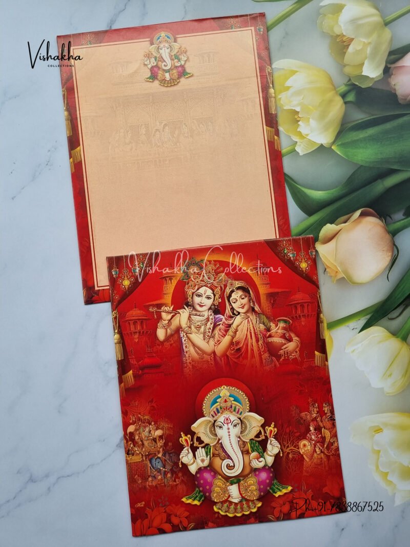 Radha Krishna with Ganpati in Red Colour shadi card design