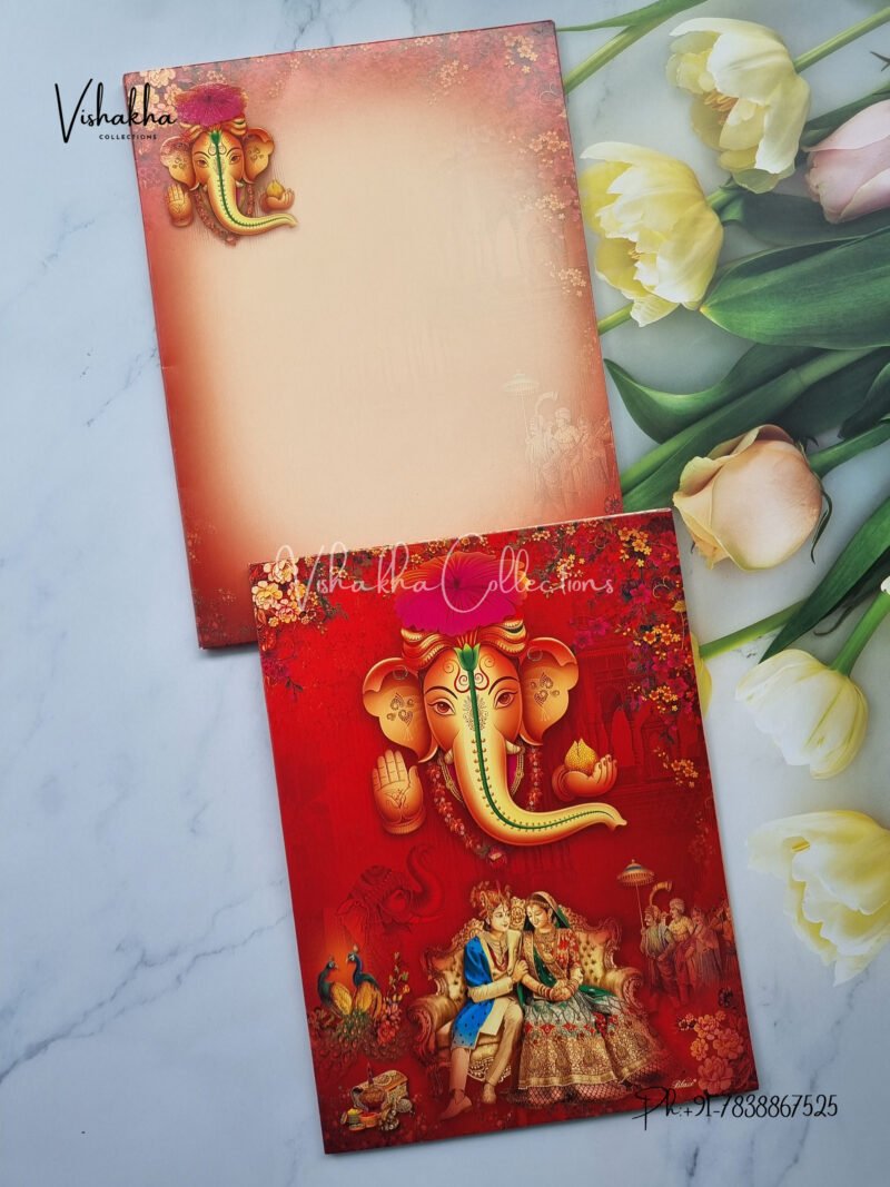 Red Indian Bride and Groom with Ganesha Traditional Shadi invite