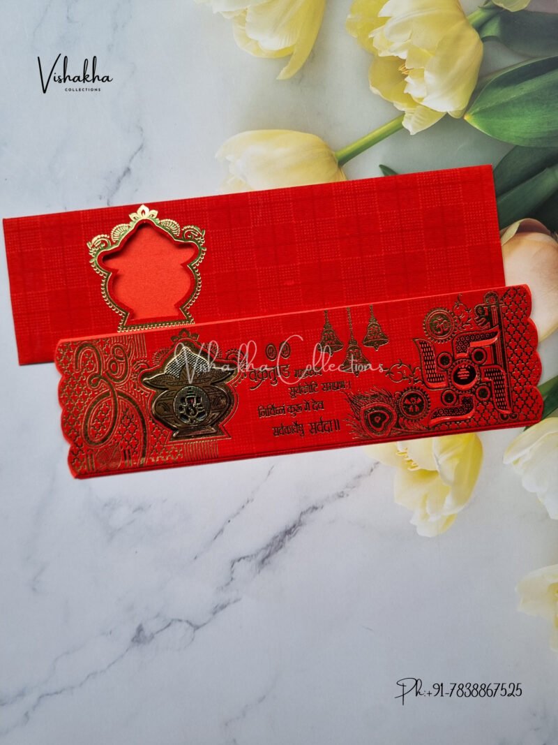 Red Piano style paper Scroll with Kalash Ganesh Shadi card