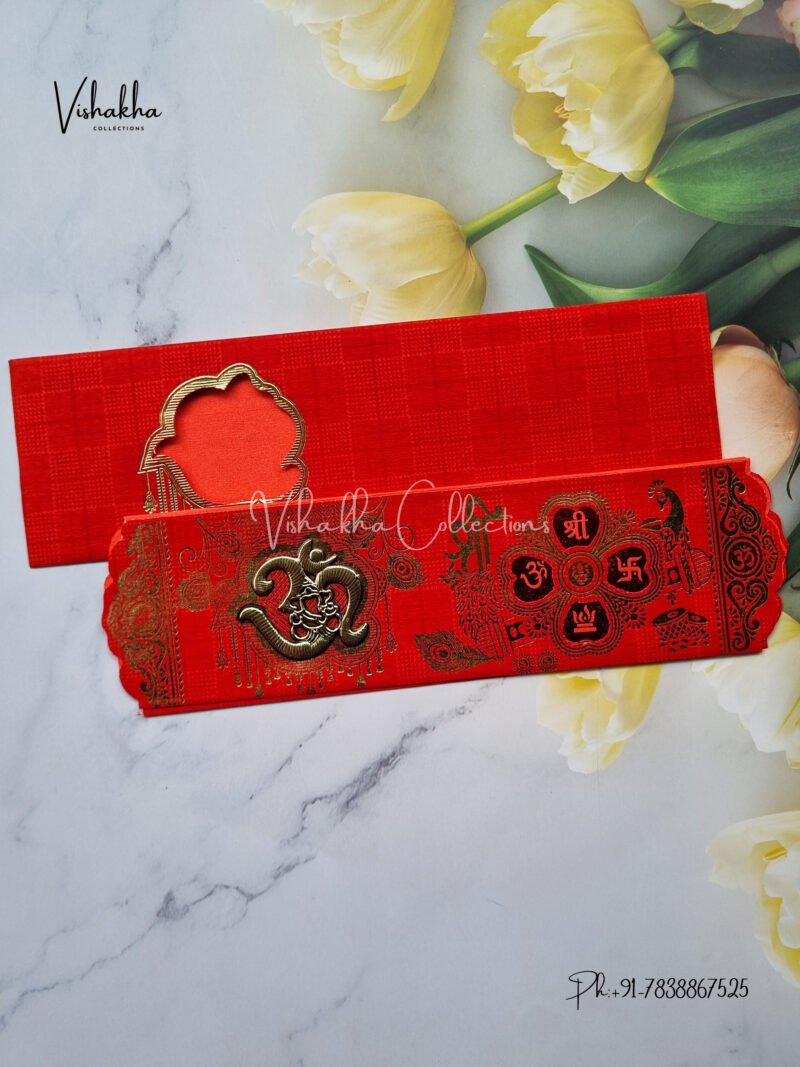 Red Piano style paper Scroll with Om Ganesh Invitation card