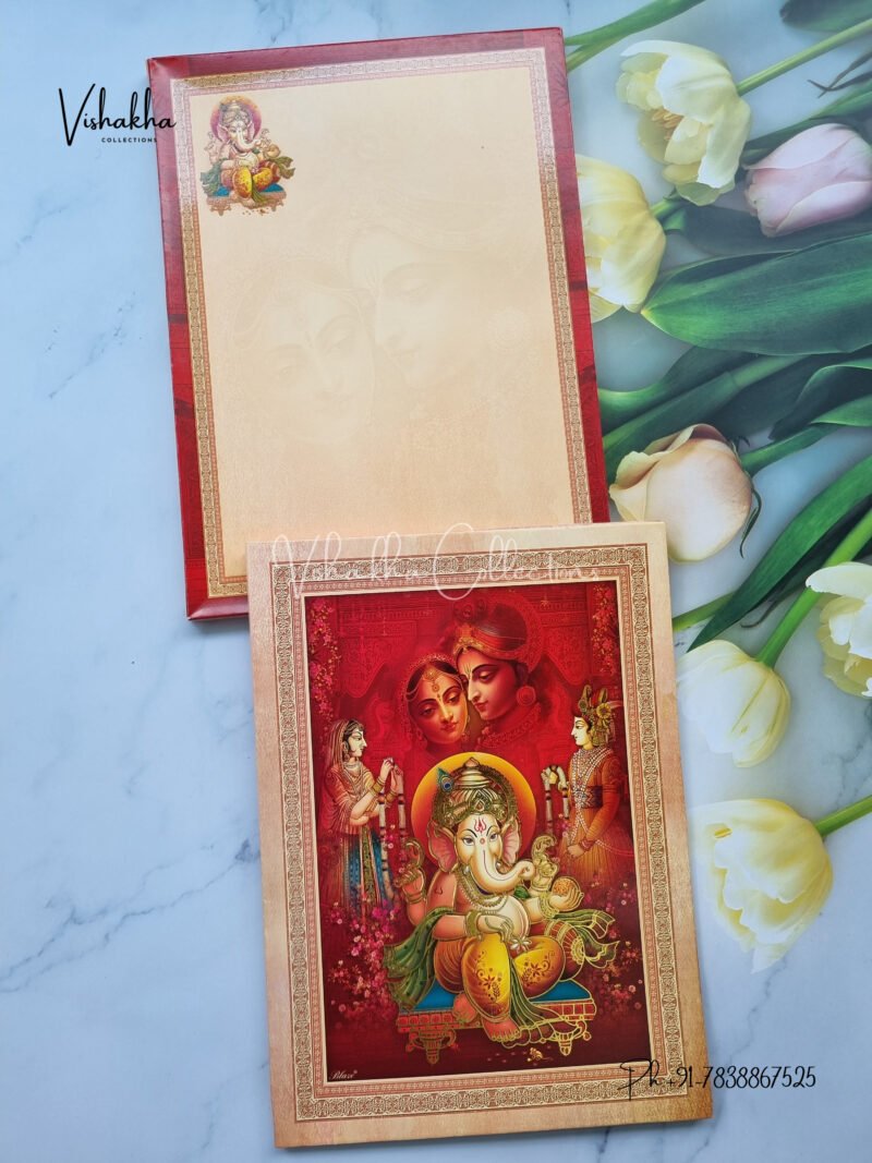 Red and beige Indian Bride and Groom with Ganesha traditional shadi card