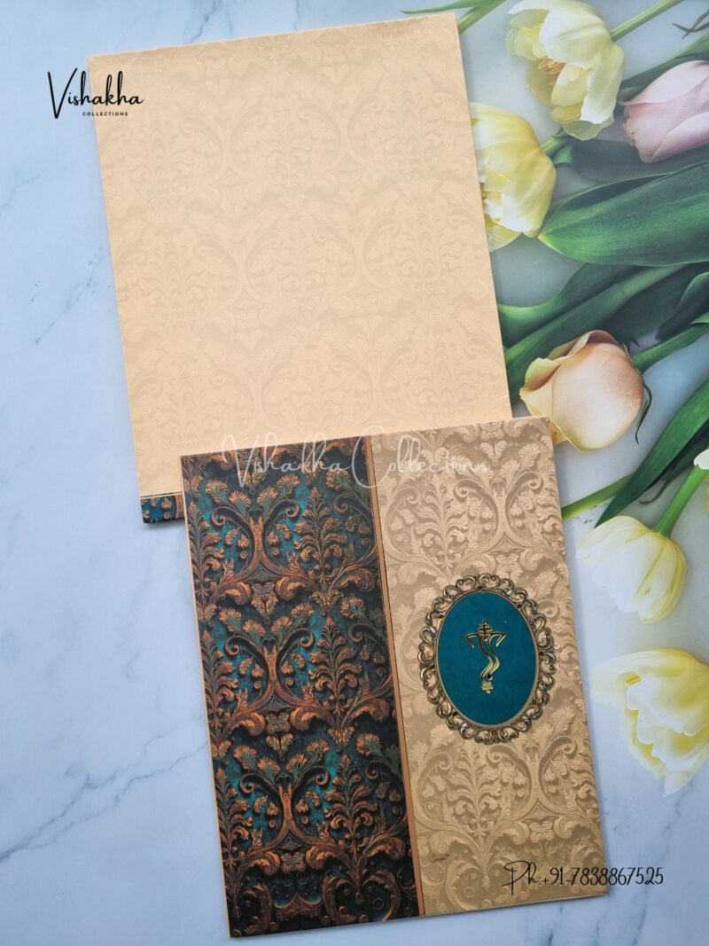 Royal Pattern in Peacock blue colour with Sand colour Wedding Invitation Card