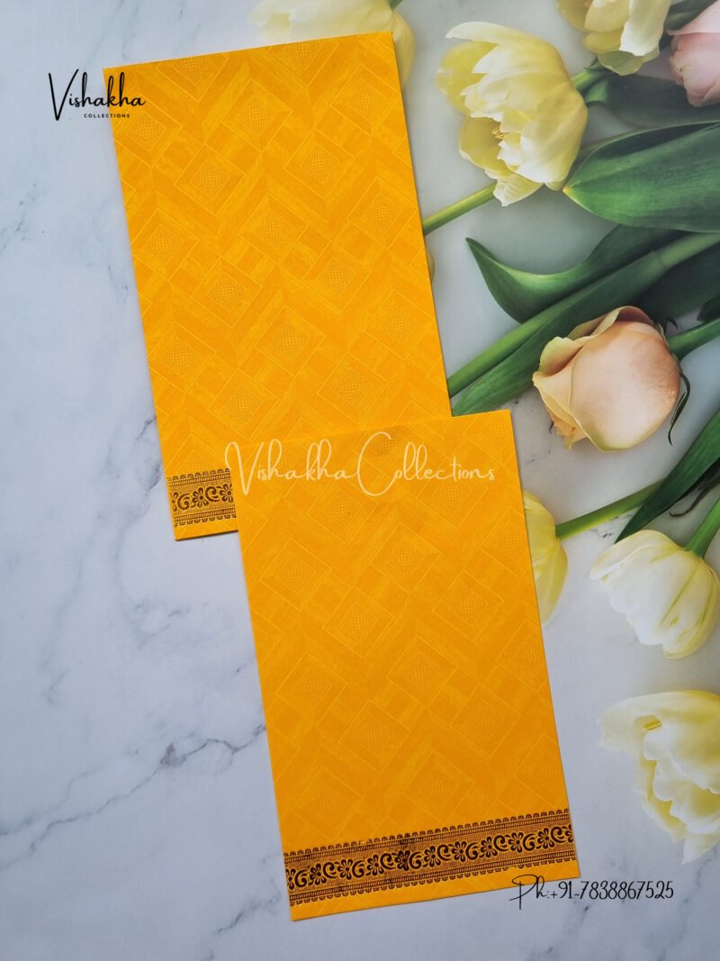 Simple Gold Border with Swastik on top Golden Cream Colour in Single Insert Wedding Invitation Card