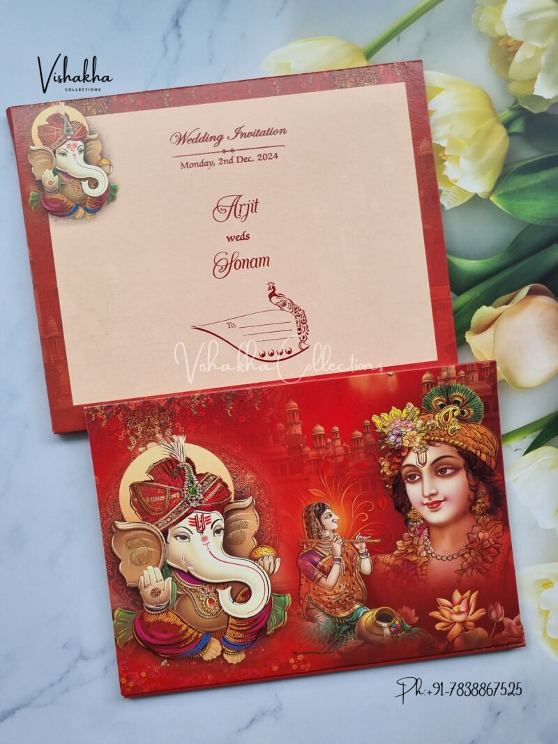 Traditional Red Coloured Ganesh with Radha Krishan Wedding Invitation Card