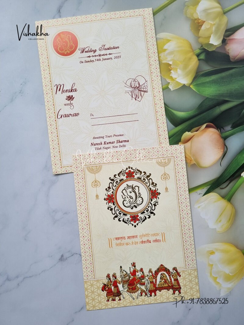 Vinayakha with Baraat White and PAle Yellow Wedding Invitation Card