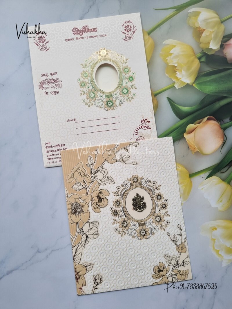 White Light Brown and Gold Combination with Modern Floral Pattern Wedding Invitation Card