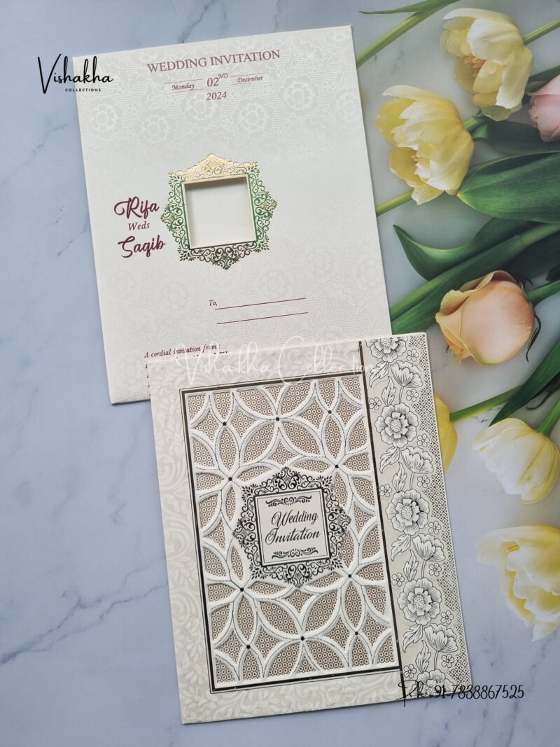 White and Gold Combination with Modern Design Laser cut cage and Floral Pattern Wedding Invitation Card