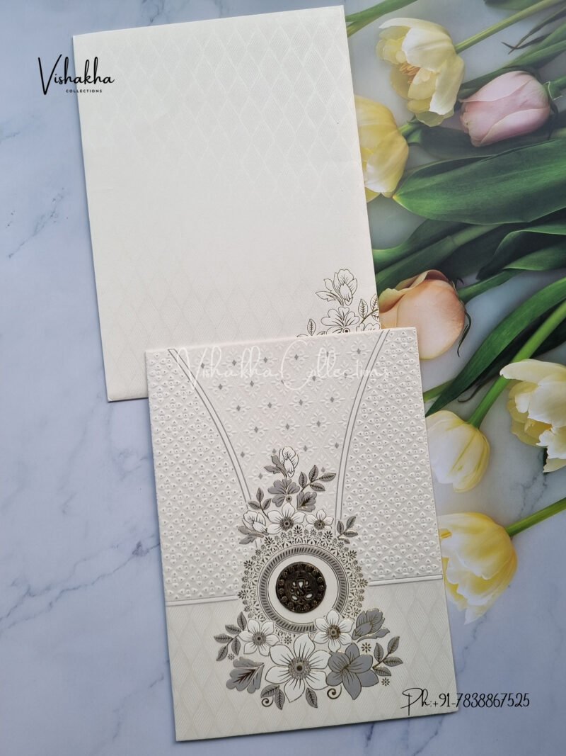 White and Grey Flower Design with Gold highlighting invitation card