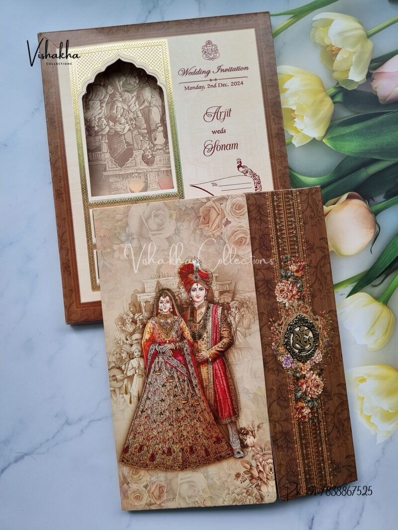 Window Styled Brown Colour Dulha Dulhan themed traditional double door Wedding Invitation Card