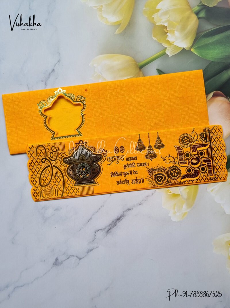 Yellow Piano style paper Scroll with Kalash Ganesh hindu marriage card design